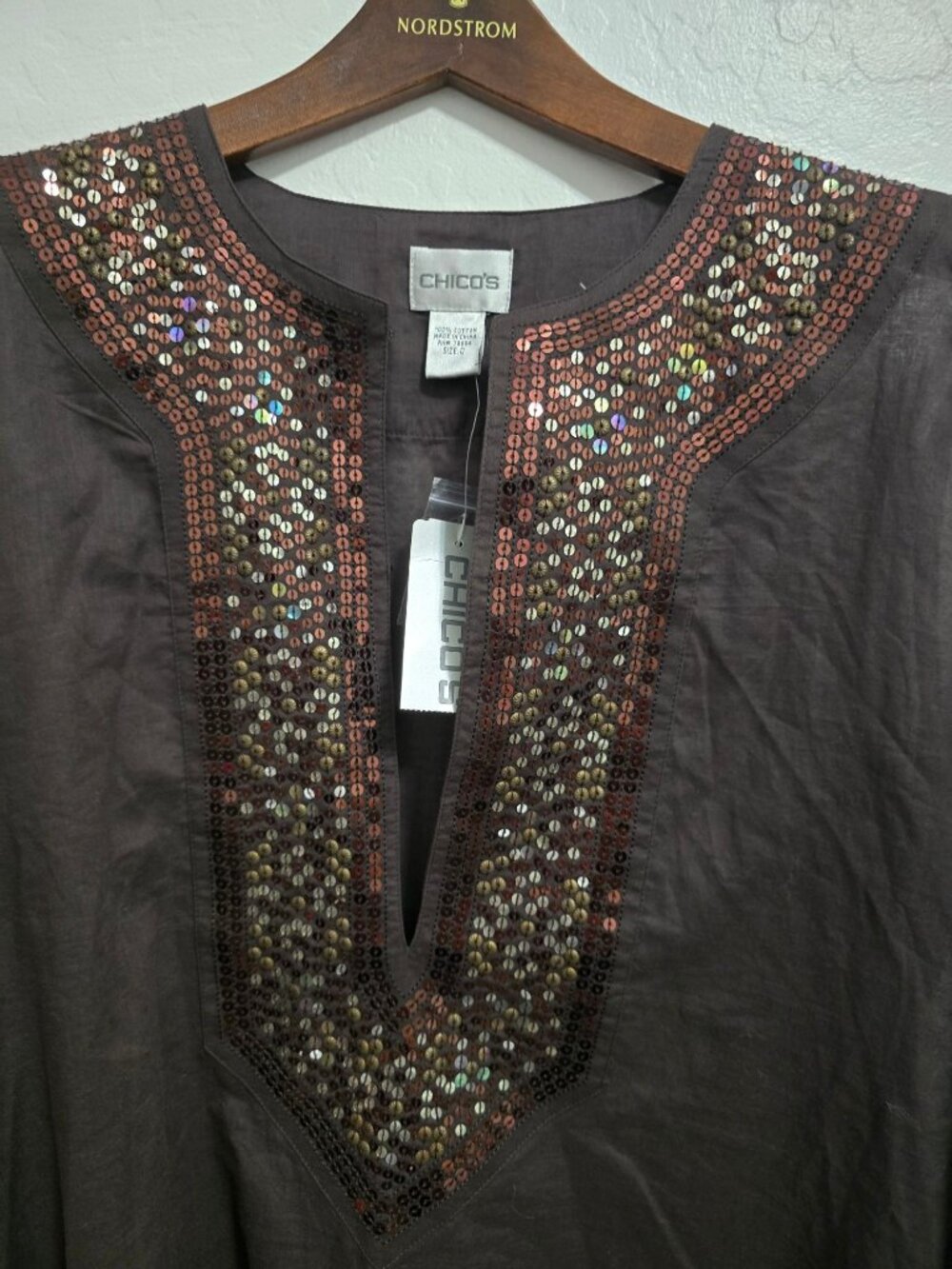 NWT Chicos Size 0 Bronze/Brown Gild Livian Long Sleeve Tunic Sequins 100% Cotton - Picture 2 of 12